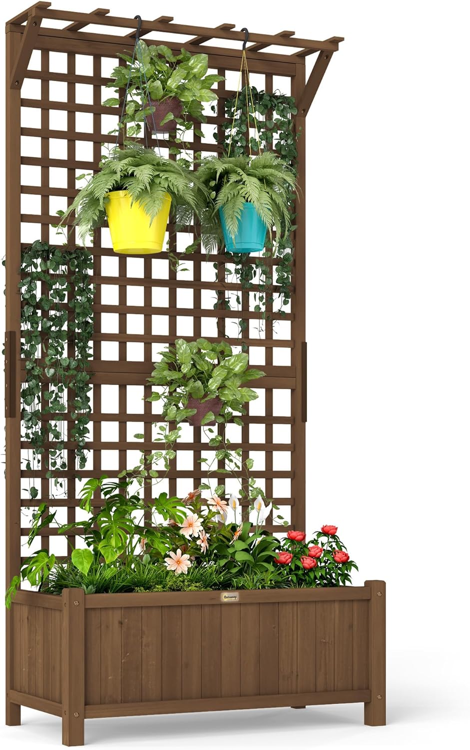 Outsunny Hochbeet Pflanzkasten mit Rankgitter, Spalier Pflanzkübel Blumenkasten Holz, Gartenspalier 90 x 45 x 183cm für Garten Balkon Terrasse, Blumenkübel für Kletterpflanzen Korbpflanzen, Blumen