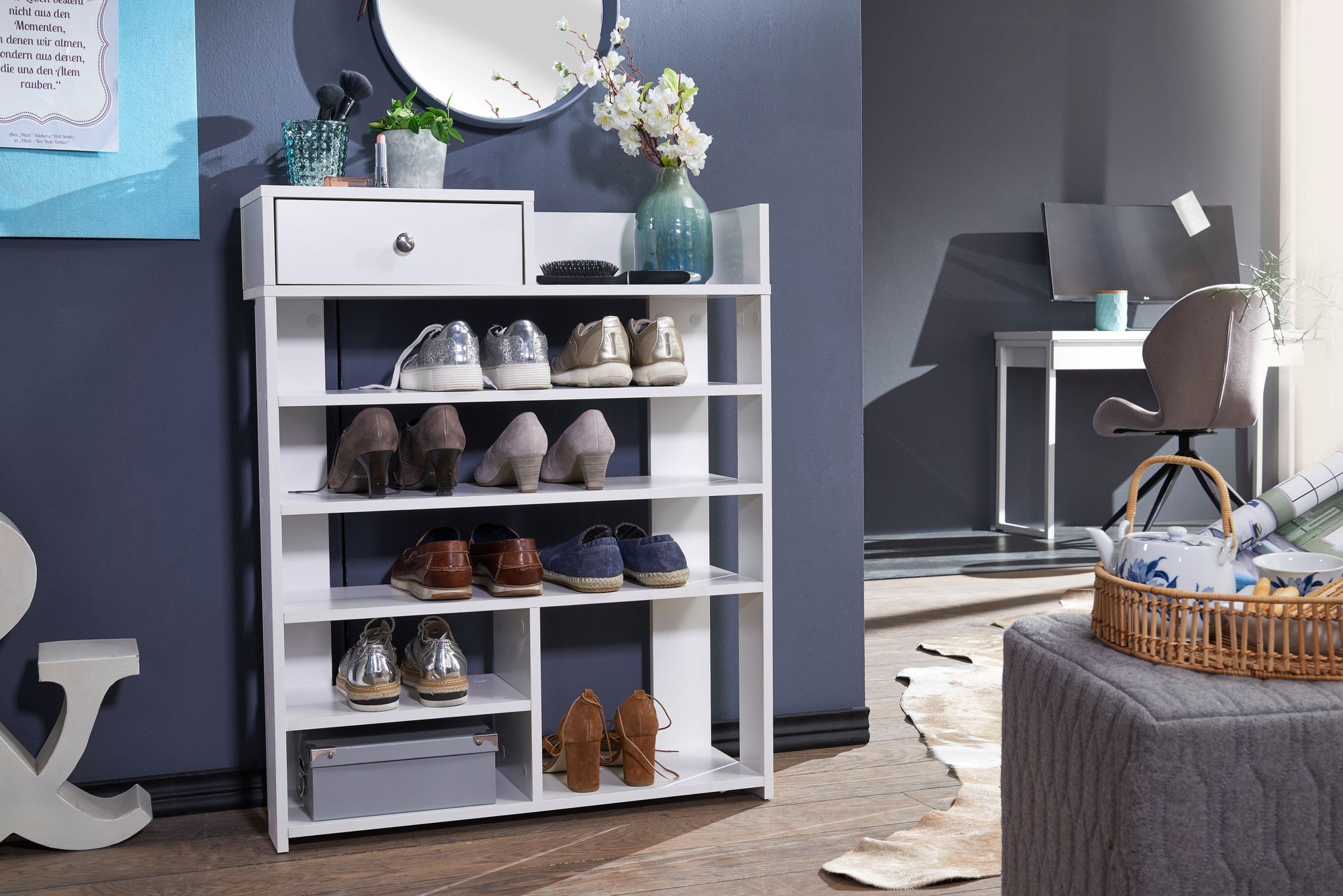 FineBuy Schuhregal Weiß 75x92,5 cm Flurregal Hoch Regal 7 Fächer mit Schublade