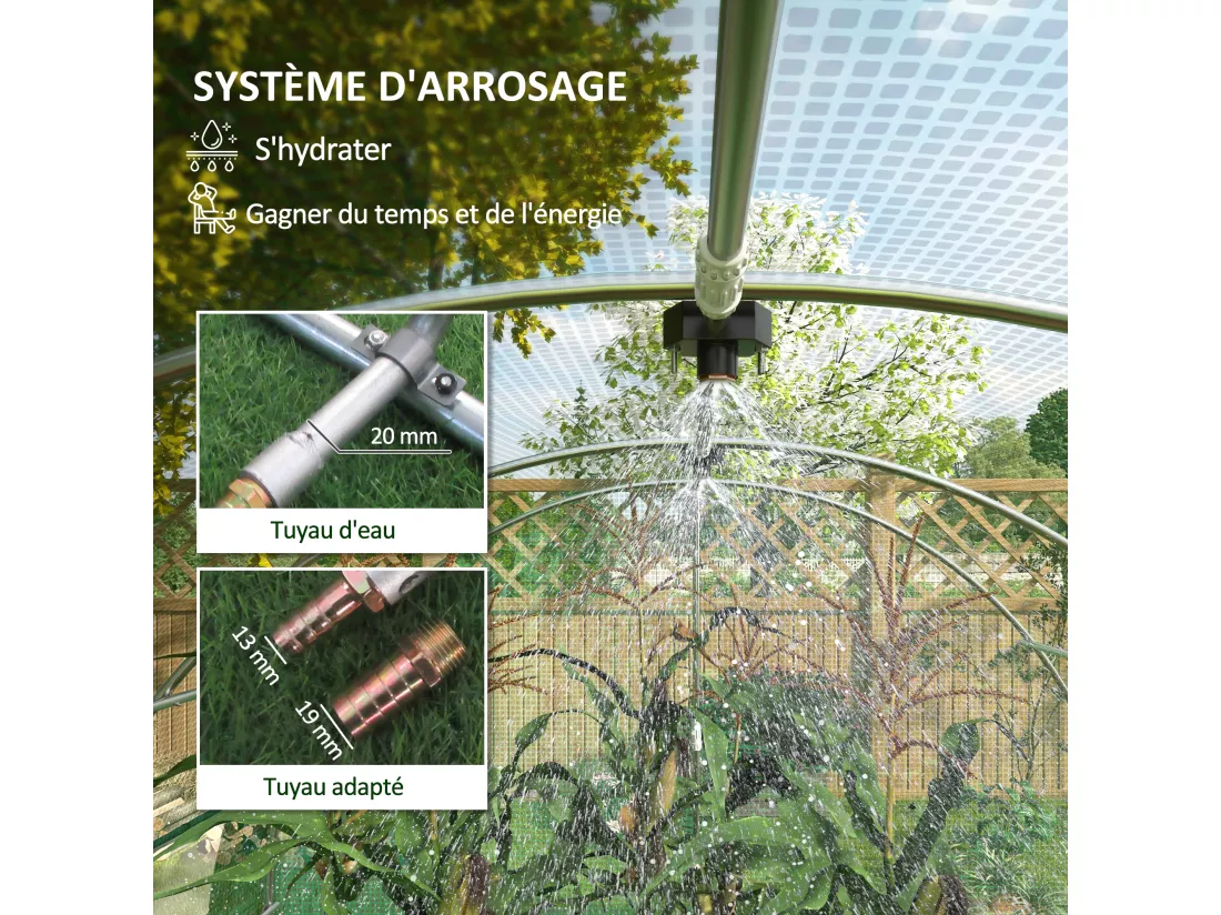 Serre de jardin tunnel 12 m² système d'arrosage intégré acier renforcé PE haute densité vert