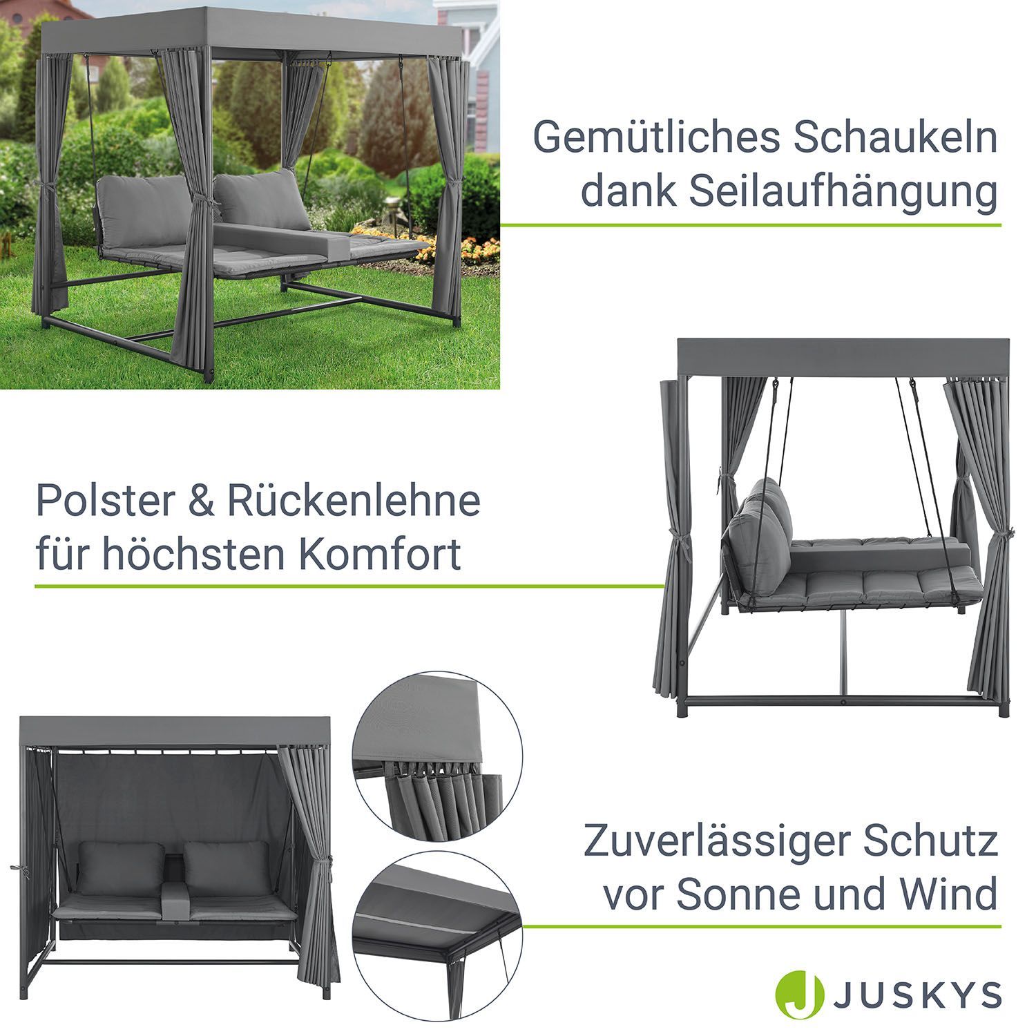 Juskys Schaukelliege Kassandra - Gartenliege mit Sonnendach und Vorhängen für 2 Personen in Grau