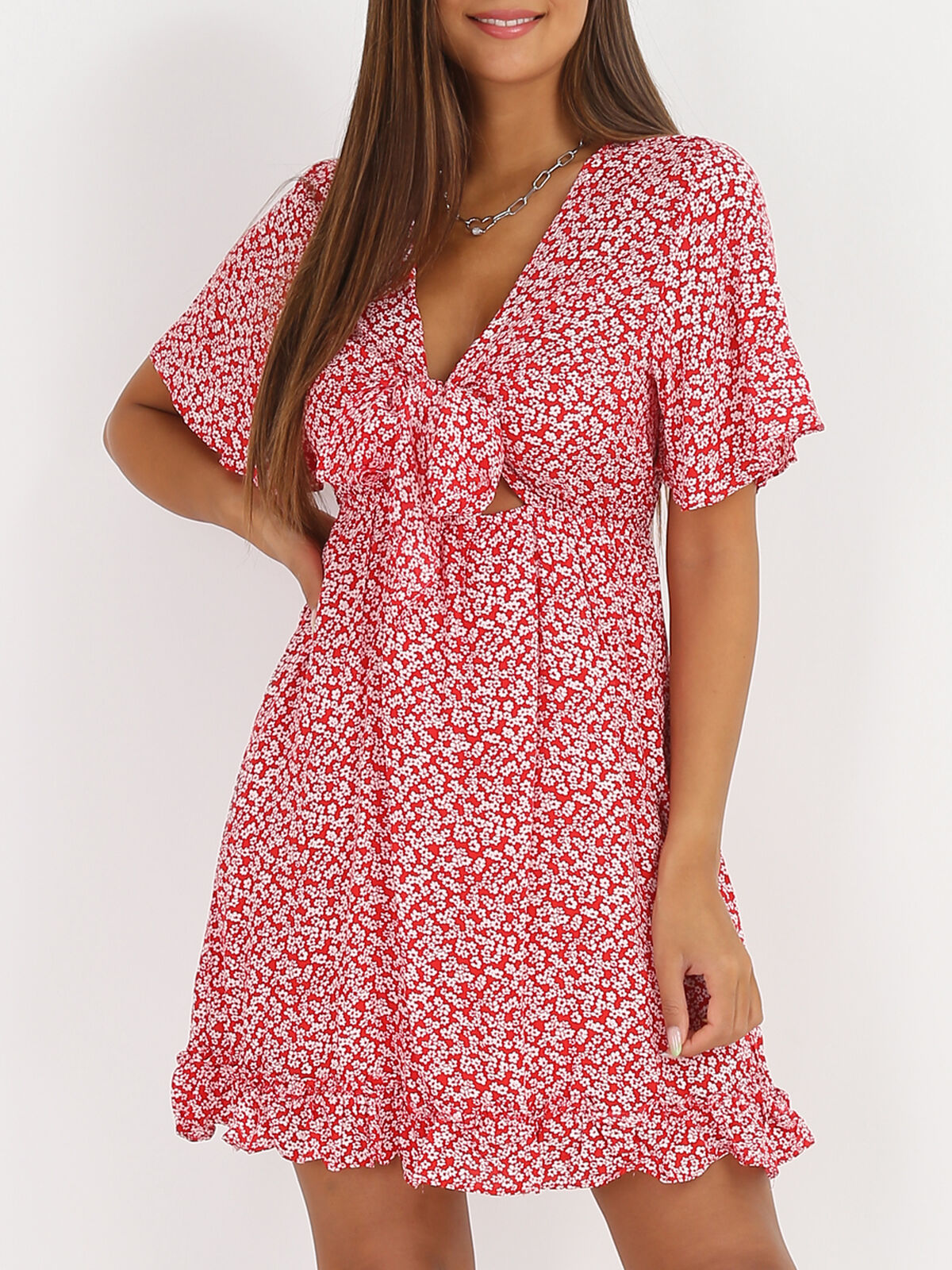 Robe à fleurs ajourée avec noeud- Rouge