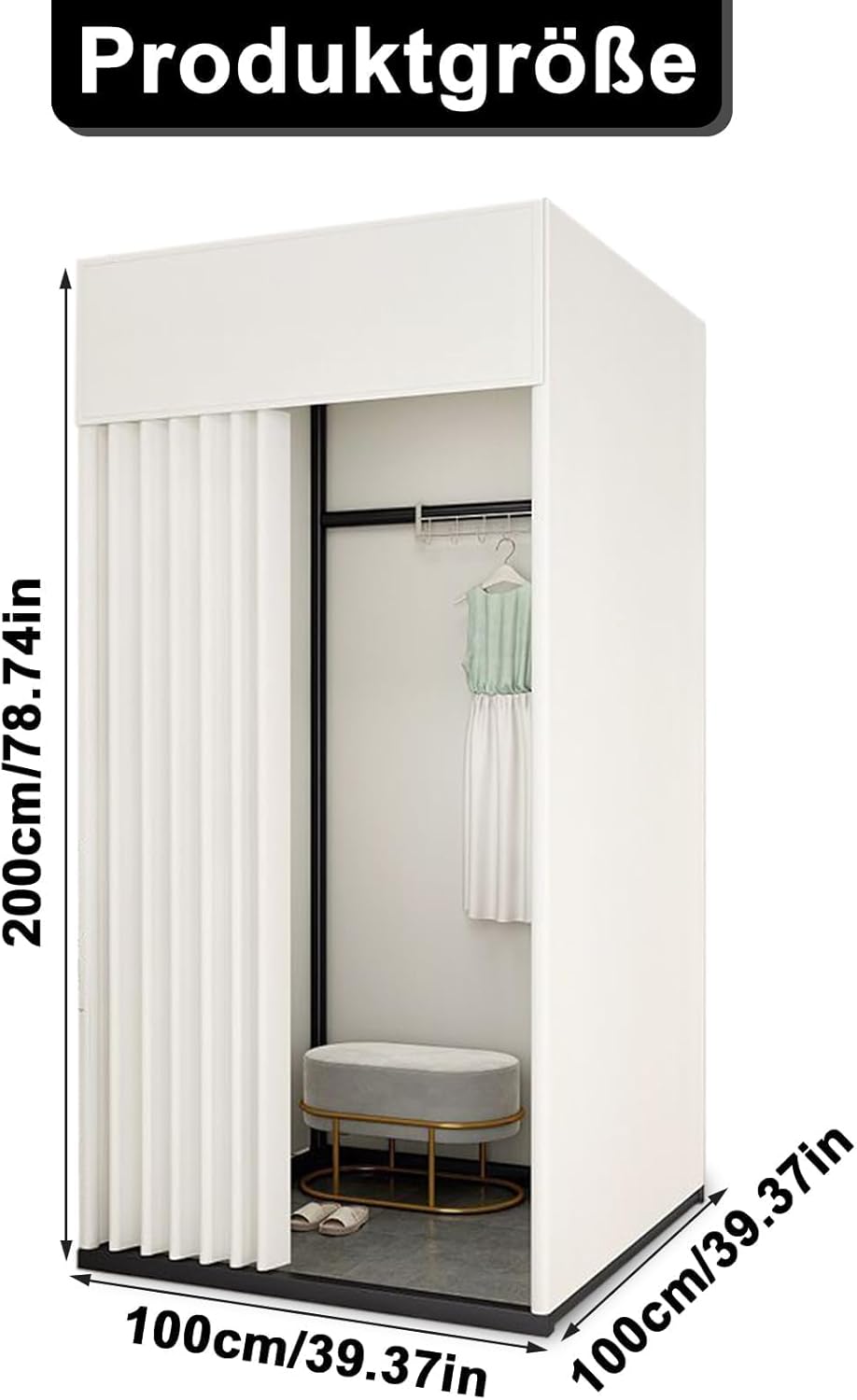 Umkleidekabine Freistehend,Quadratische Umkleideraum,Mobile Anproberaum mit Vorhang und Haken, für Bekleidungsgeschäfte, Boutiquen,Büro und Einkaufszentrum (Weiß, 100x100x200cm)