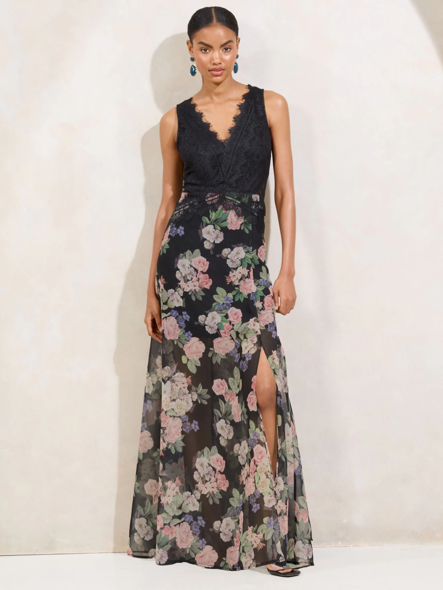 Lipsy Floral Printed Lace Mix V-Neck Maxi Dress