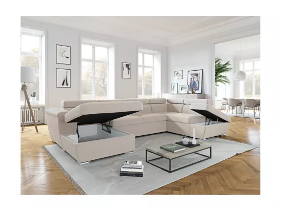 Canapé panoramique convertible avec 2 coffres Paola en tissu - Beige - L320,5 x P188 x H76cm - Loungitude