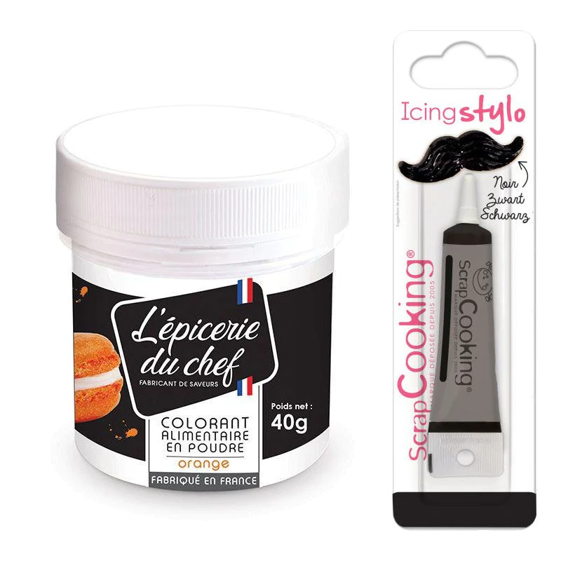 Colorant alimentaire en poudre orange 40 g + Stylo glaçage noir Scrapc