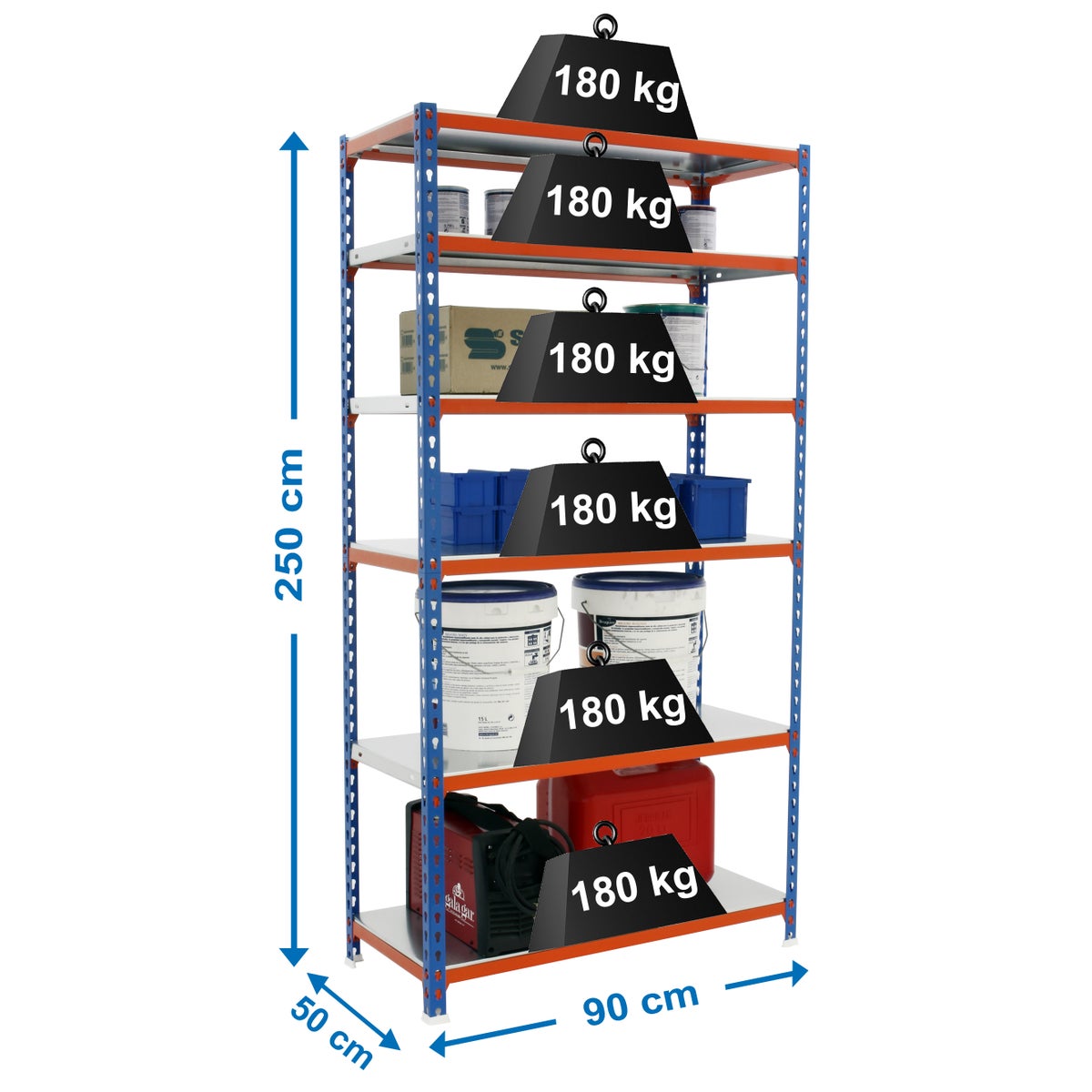PROREGAL Heavy-Duty stellingkast Giant Metal Shark HxBxD 250 x 90 x 50 cm Draagvermogen plank 180 kg Blauw-oranje
