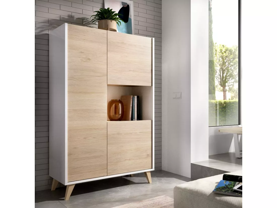 Buffet Damraba, Buffet de salon haut, Buffet de salon moderne avec 3 portes, 81x43h135 cm, Chêne et Blanc
