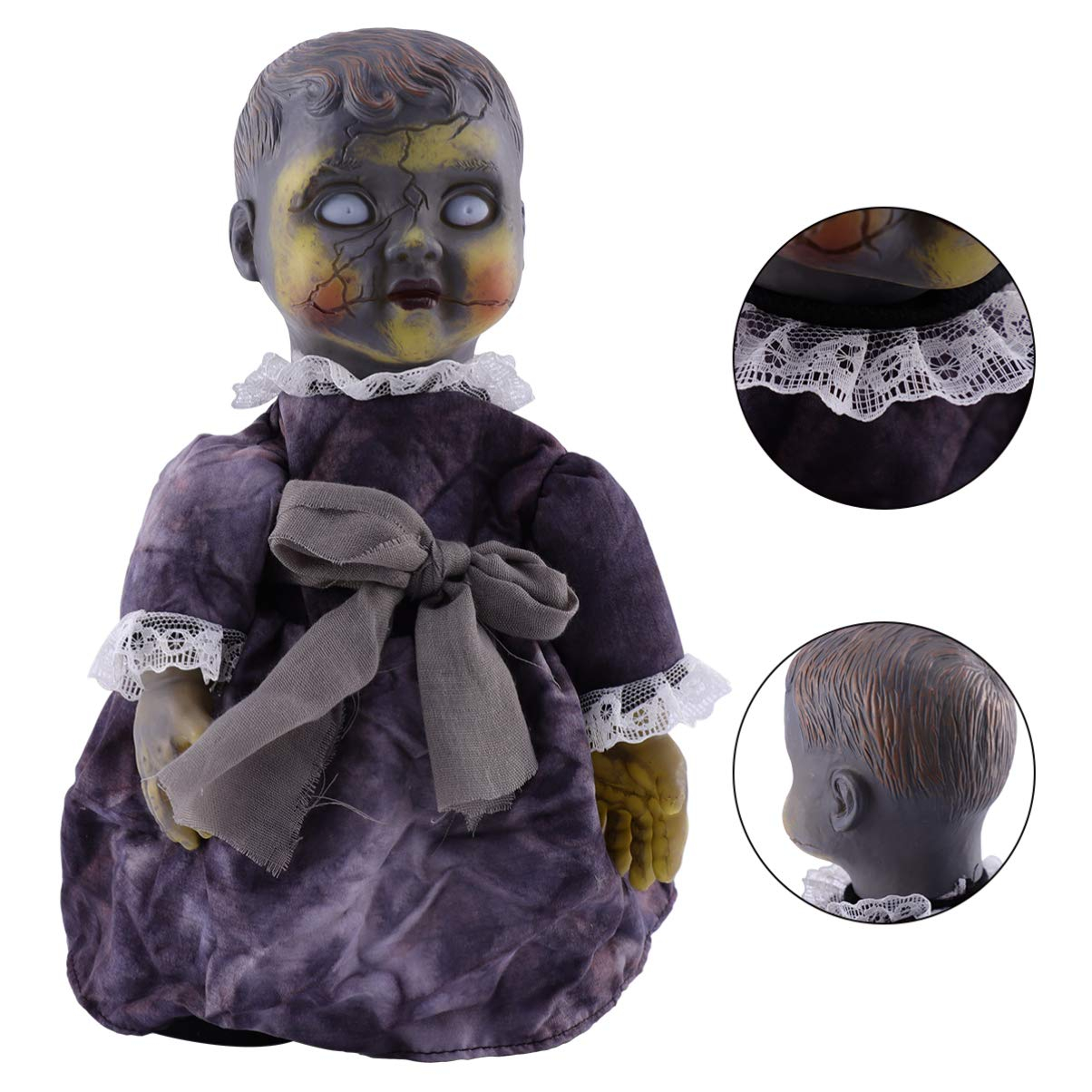 (28cm) Halloween Horror Puppe Party Deko Laufende Babypuppe mit Grusel Musik / Licht (Batteriebetrieben) - Grau / Violett
