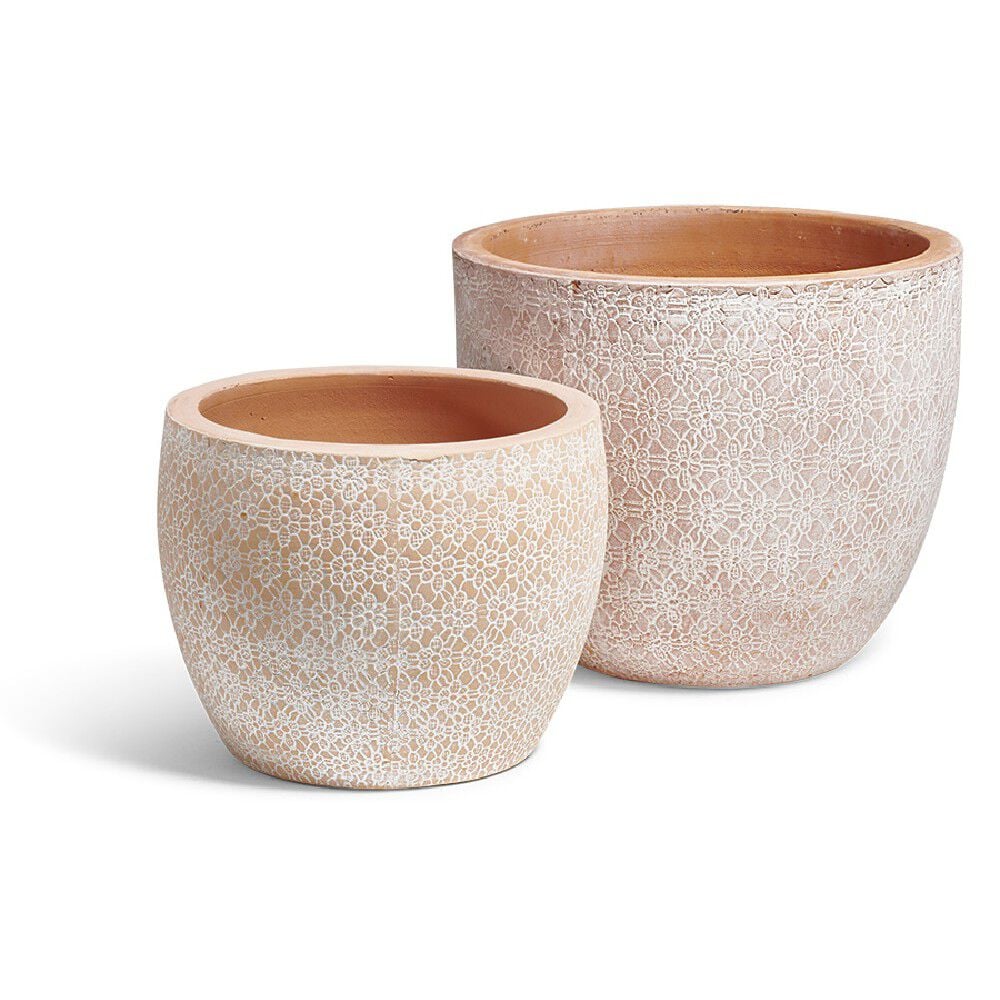 Cache pot rond en terre cuite motif fleur grand modèle