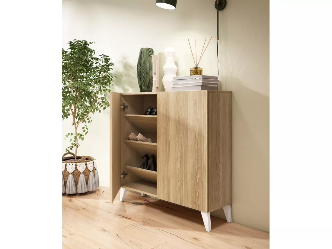 Meuble à chaussures/rangement - H87cm x L90cm x P27cm chêne dore pieds blanc – Bergen