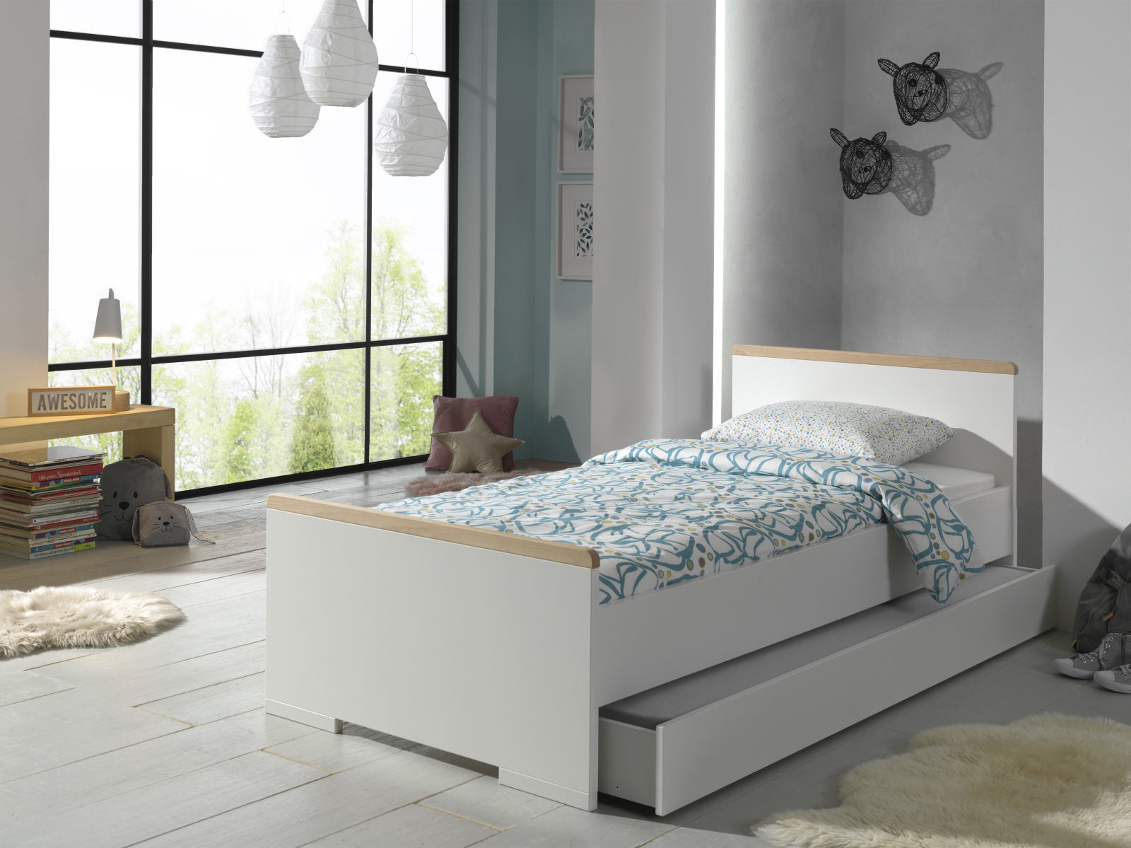 2-teiliges Jugendzimmer-Set LONDON - weiß - Buche - Bettschublade - 90x200 cm
