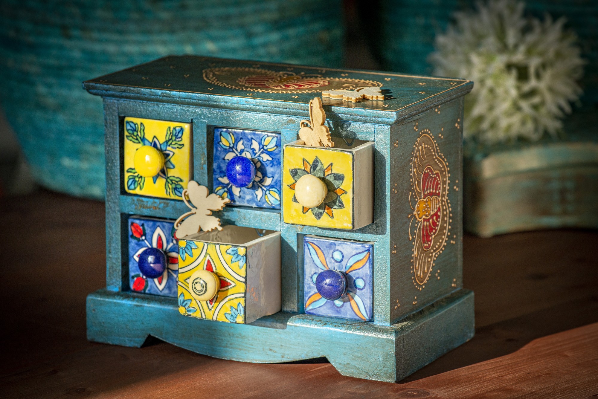 Schubladentruhe mit 6 Schubladen, blau, L 12 cm, B 23 cm, H 18 cm von fischer's lagerhaus