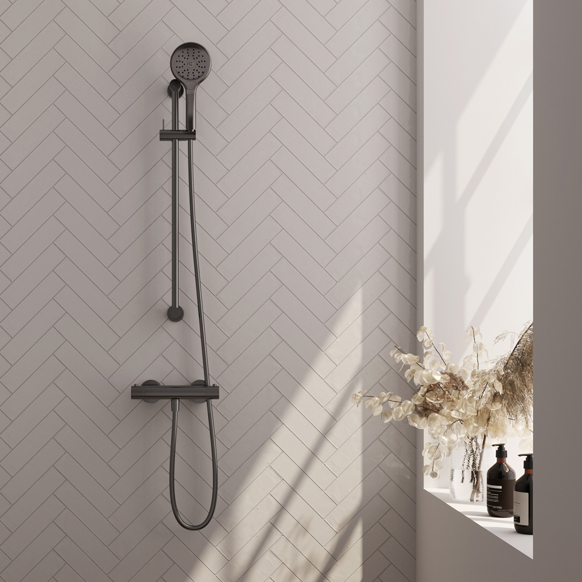 Brauer Stripe thermostatische douchekraan met glijstang en 3 standen handdouche gunmetal geborsteld PVD