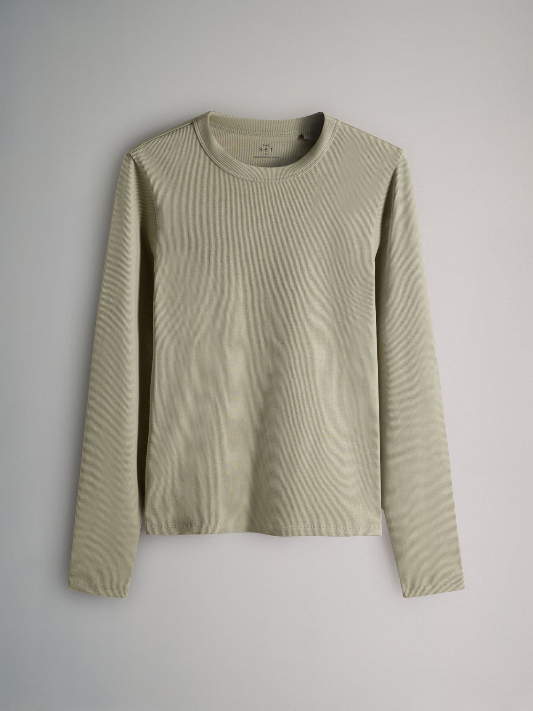 Zwart/Bessenkleur/Kaki/Naturel - The Set van 4 geribde T-shirts met lange mouwen