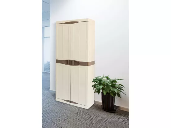 Armoire d'extérieur Avelgem, Armoire de balcon polyvalente, Armoire à balais 2 portes, 100% Made in Italy, 70x47h178 cm, Beige et Marron, Finition élégante