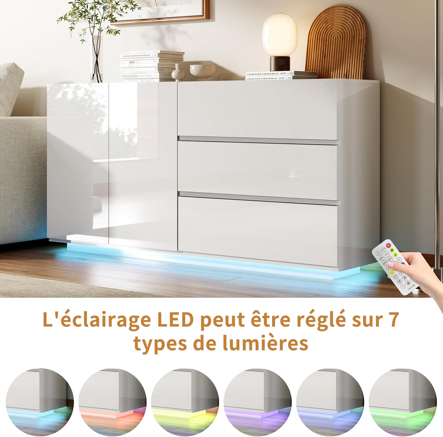 Sideboard für Wohnzimmer, weiß, glänzend, mit LED-Beleuchtung, Küchenmöbel mit 2 Türen und 3 Schubladen, TV-Schrank modern, für Wohnzimmer & Esszimmer & Küche (weiß, 160 x 35 x 76 cm)
