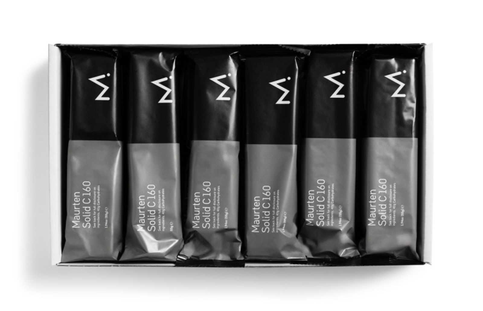 Barra energética sólida Maurten 160 mg, 12 unidades de 55 g cada, sabor chocolate.