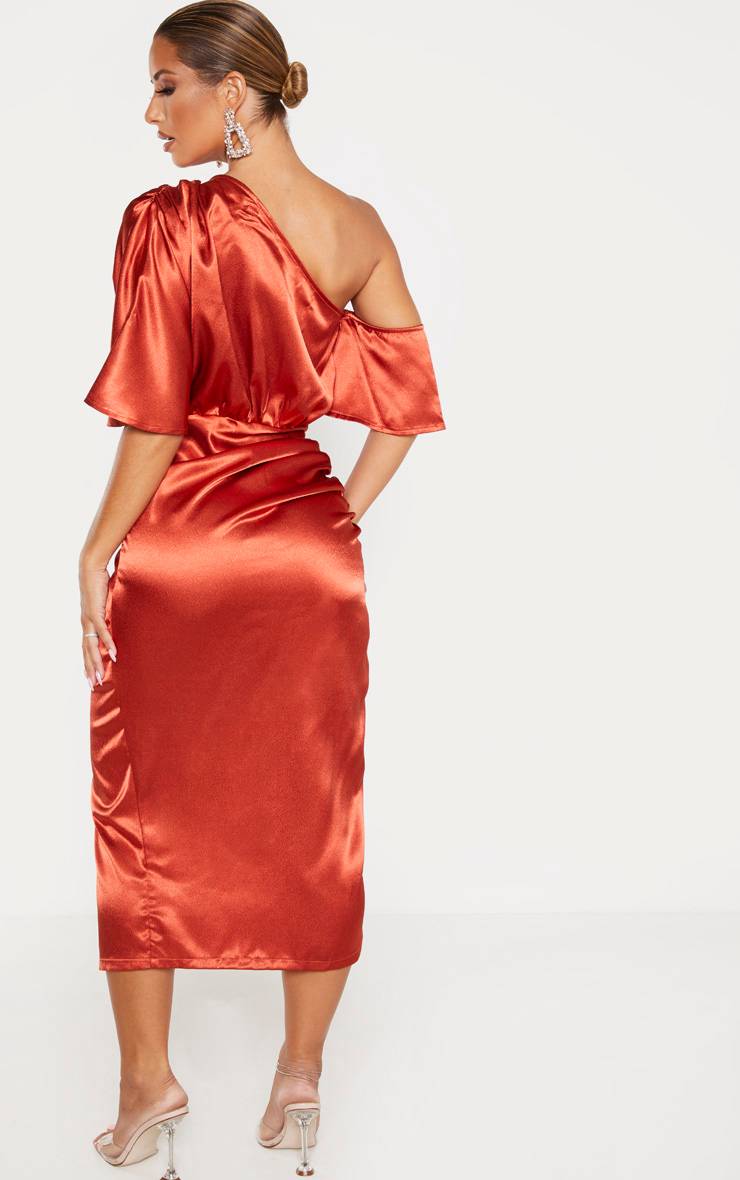 Rouille Robe Midi En Satin À Une Épaule Avec Jupe Froncée