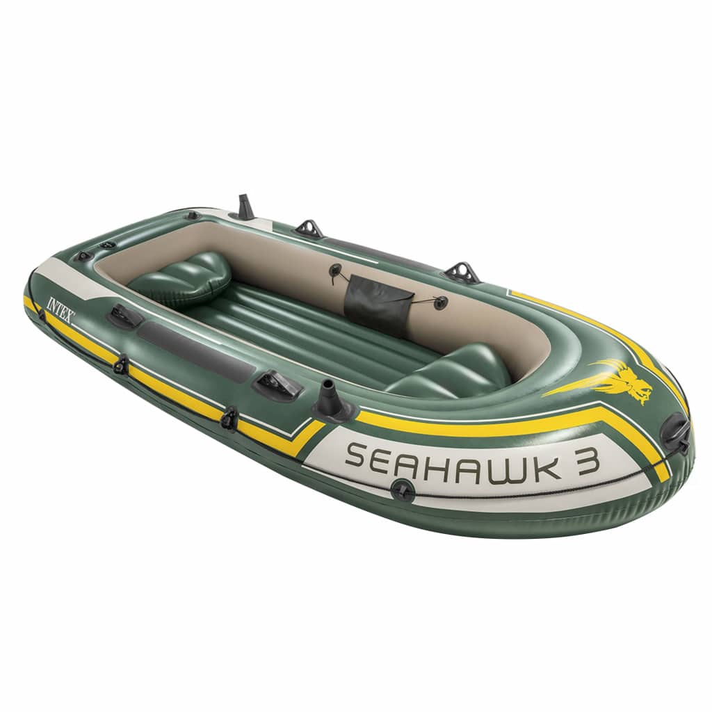 Barco inflável Intex Seahawk 3 com motor de reboque e suporte.