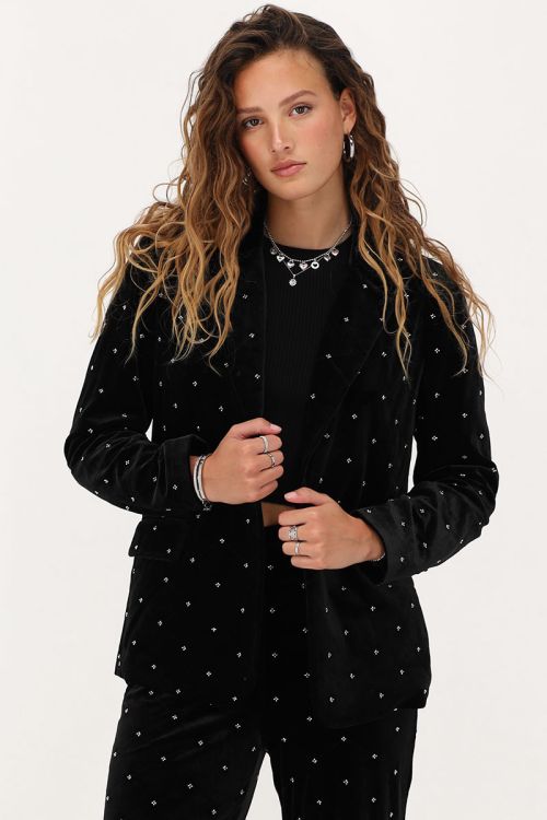 Zwarte velvet blazer met kraaltjes