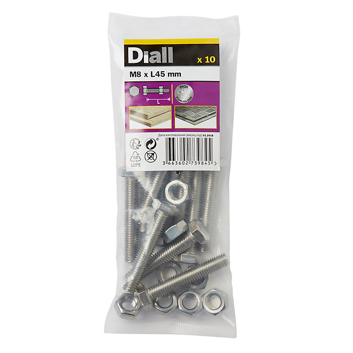 10 boulons tête héxagonale inox 8 x 45 mm