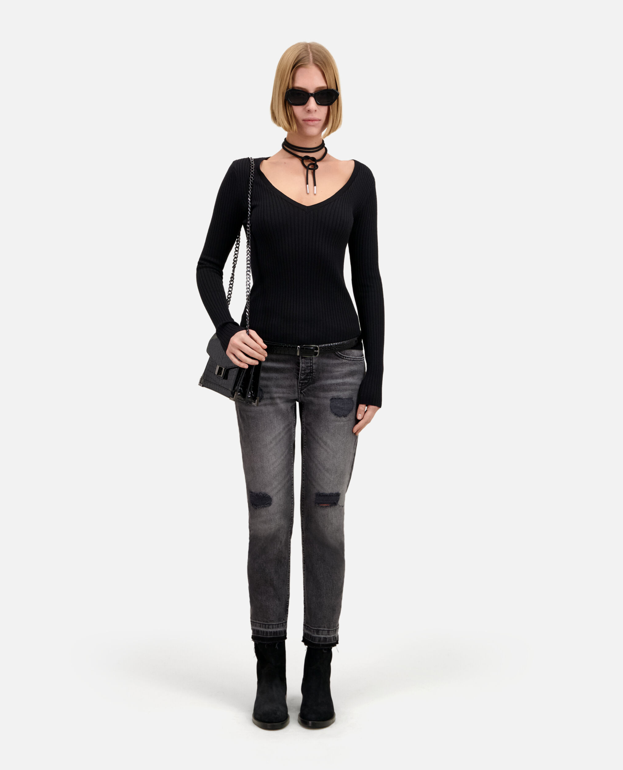 Black ribbed fine knit sweater