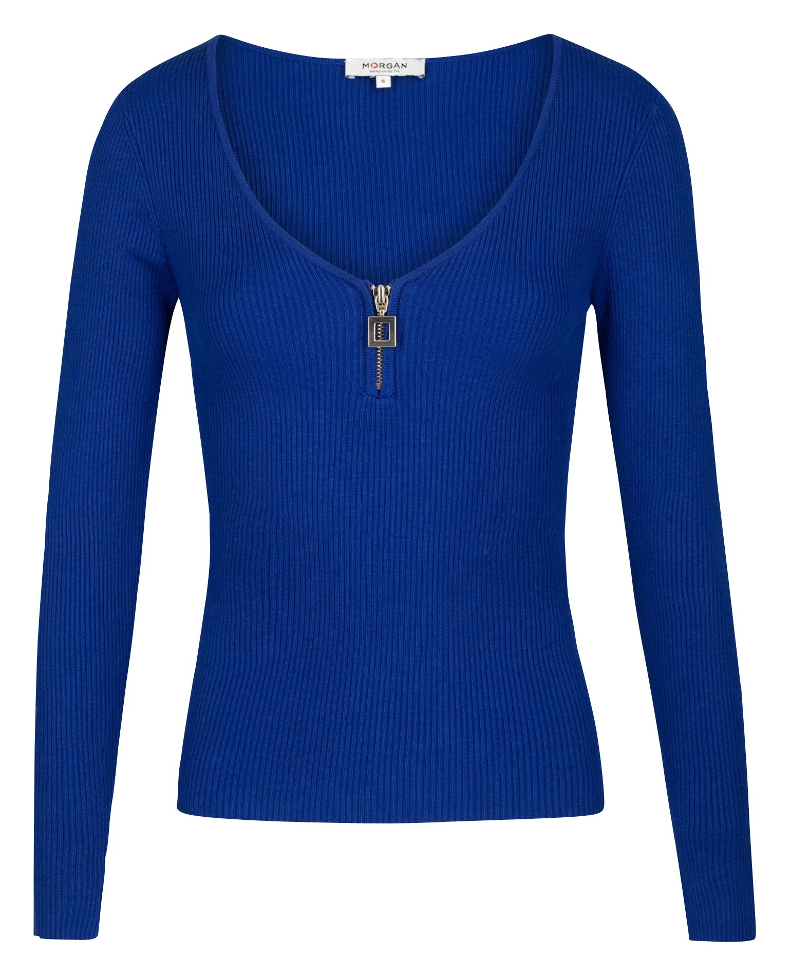 MBANZI - Pull col V zippé en maille mélangée | Bleu