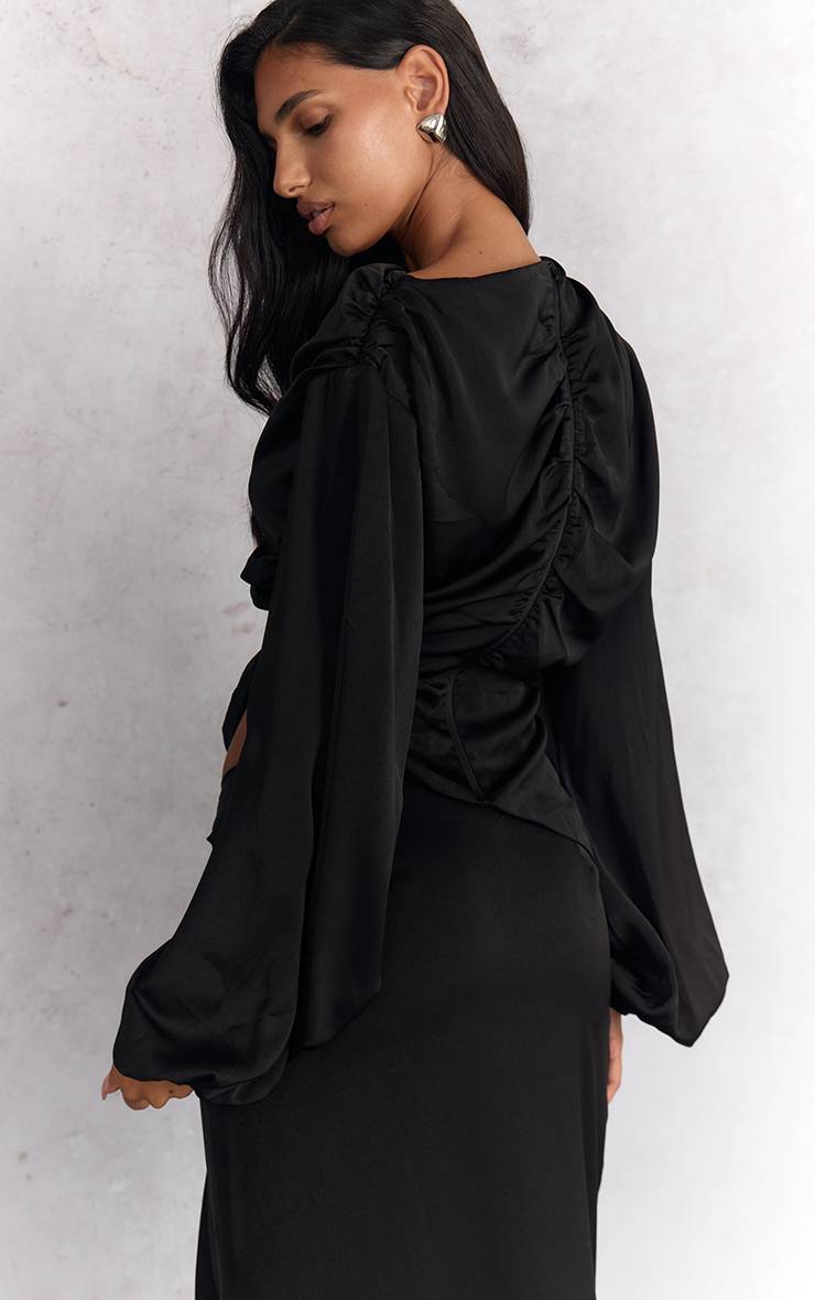 Noir Ensemble Coordonné Blouse Satinée À Manches Longues Et Découpes