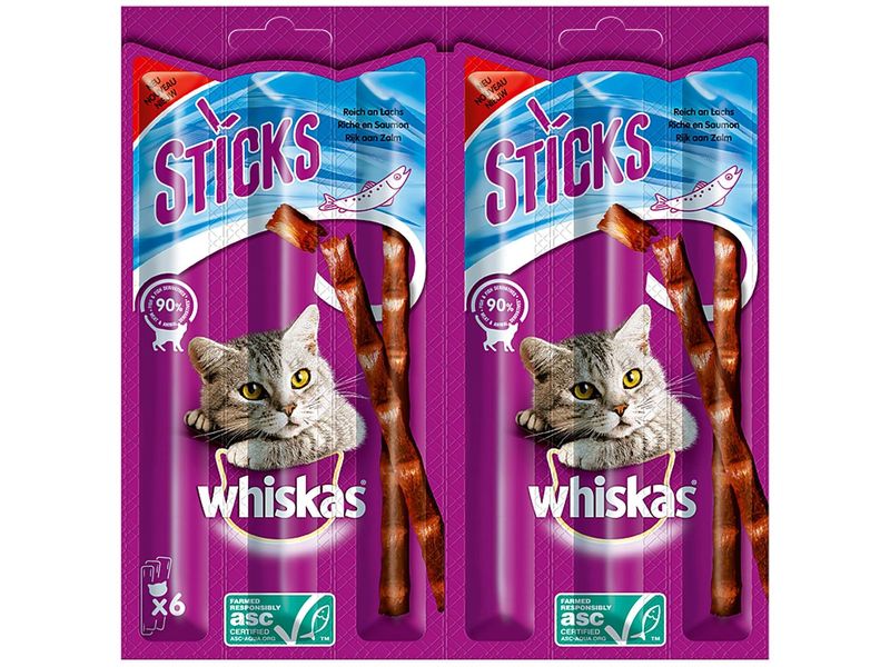Whiskas Katzen-Snack Sticks Lachs, 6 x 6g Ergänzungsfuttermittel für Katzen