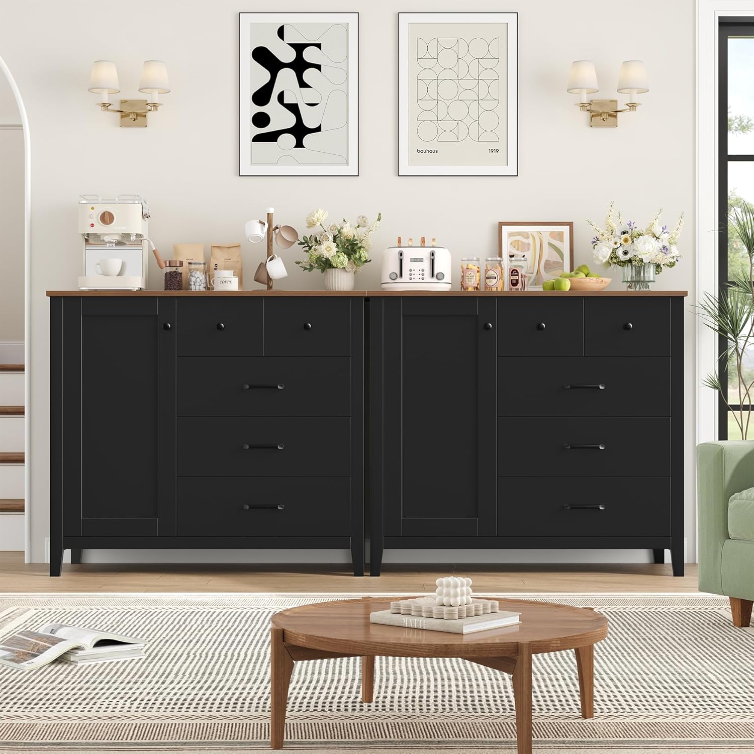 HOCSOK Sideboard, Küchenschrank mit 5 Schubladen und 1 Tür, Buffetschrank mit Arbeitsplatte für Küche, Esszimmer, Wohnzimmer, Flur, Holz, Schwarz & Braun