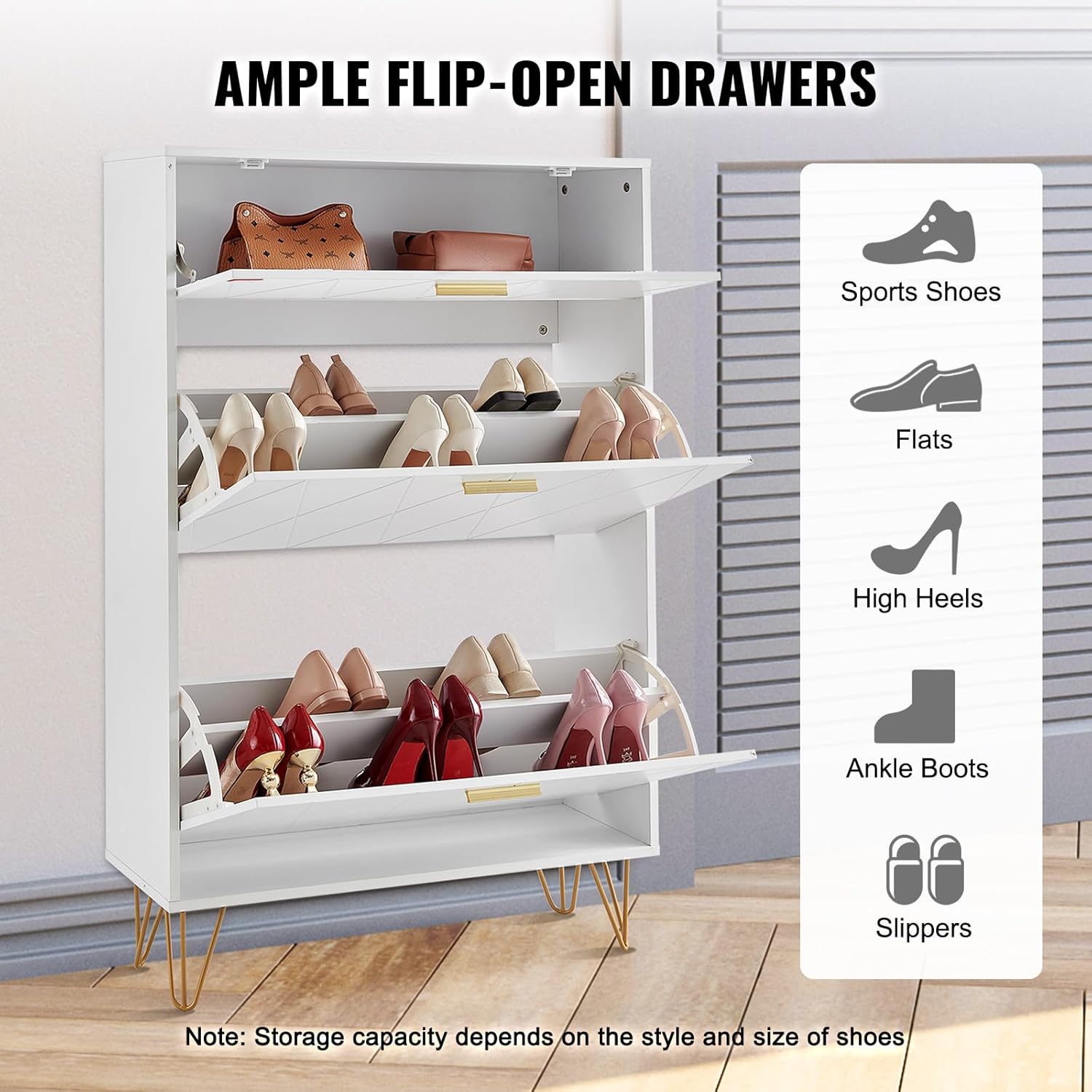 VEVOR Schuhschrank Schmal, Schuhregal Weiß, 800 x 239 x 1200 mm Schuhkipper mit 3 Klappen + oberem Staufach, Schuhkommode 68 kg Tragfähigkeit, Aufbewahrungsschrank Schuh P2-Spanplatte für Flur