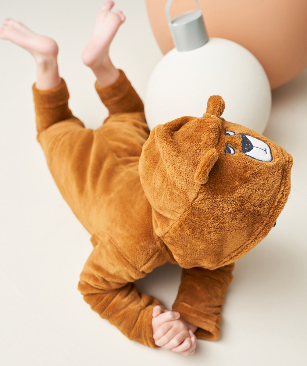 SURPYJAMA POLAIRE GARÇON EN FIBRES RECYCLÉES MARRON À CAPUCHE AVEC OREILLES