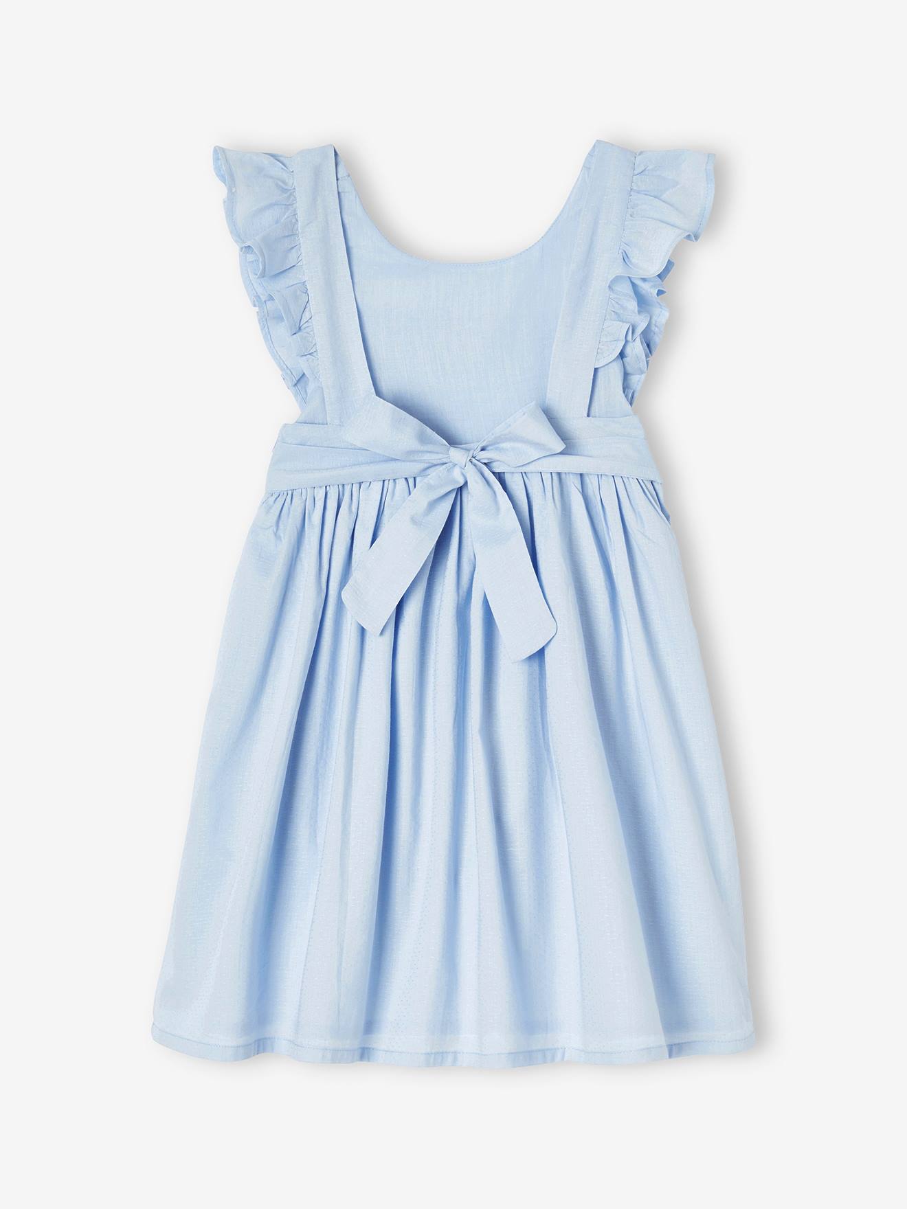 Vestido de festa coral para menina com babados e costas abertas.