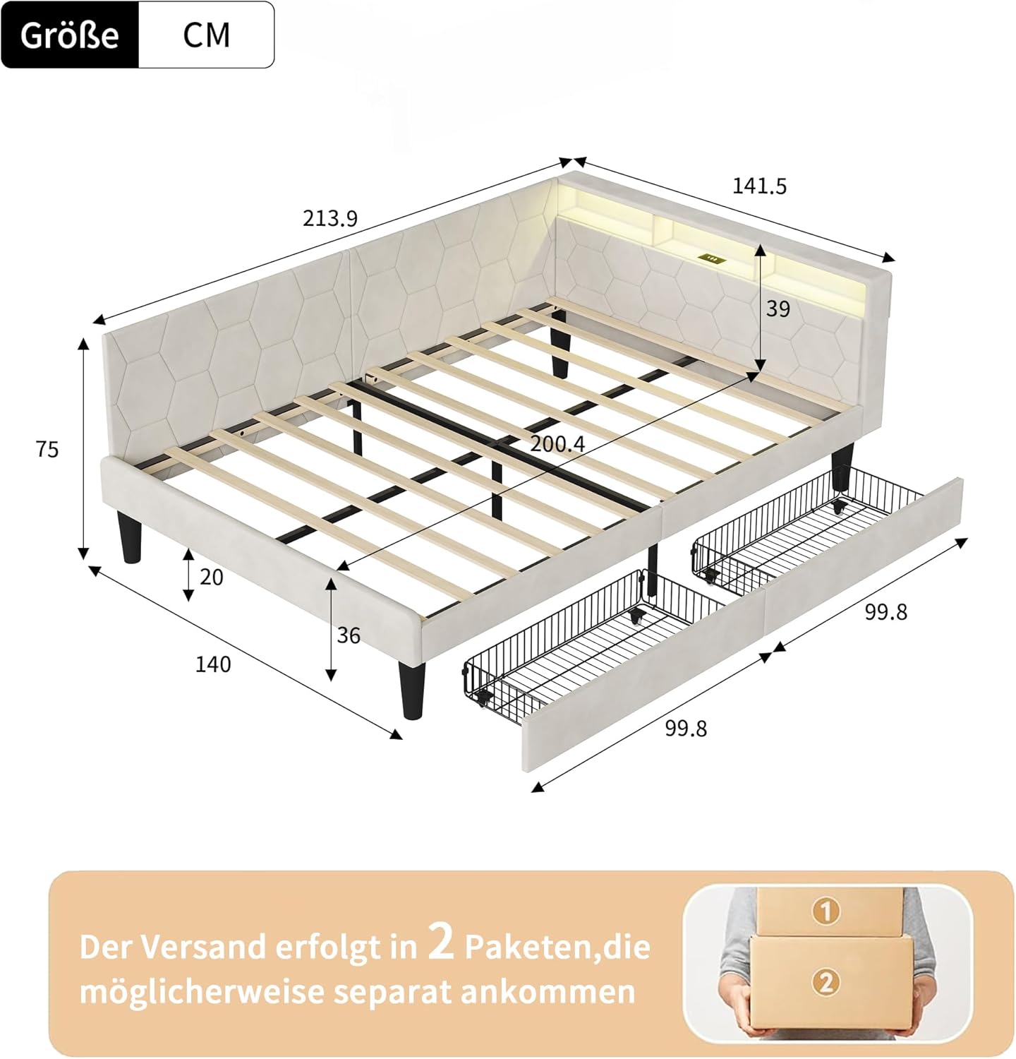 Polsterbett 140x200,doppelbett mit Lattenrost,Verformbares Funktionsbett mit Stauraum Kopfteil,Bettgestell 140x200,tagesbett mit 2 Schubladen,ohne Matratze (Beige, 140x200cm)
