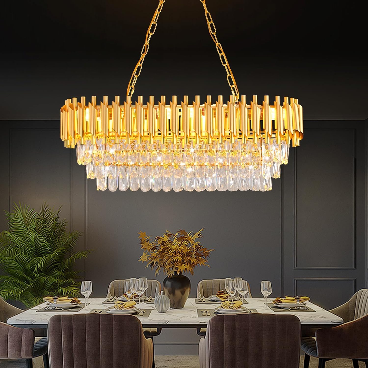 Moderne Kristall-Kronleuchter für Esszimmer 8-Licht Gold Kristall-Kronleuchter Wohnzimmer Oval Zeitgenössische Decke Hängelicht Anhänger Leuchte für Küche Insel Restaurant L80CM