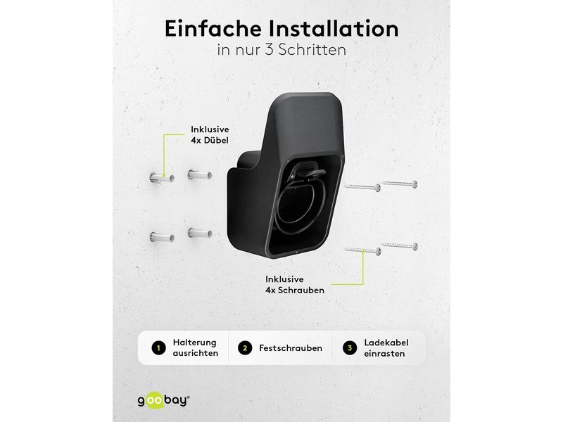 Goobay Wandhalterung mit Kabelablage für Ladekabel Typ-2 Kabel-Wandhalterung für Typ-2 Elektrofahrzeug-Ladekabel