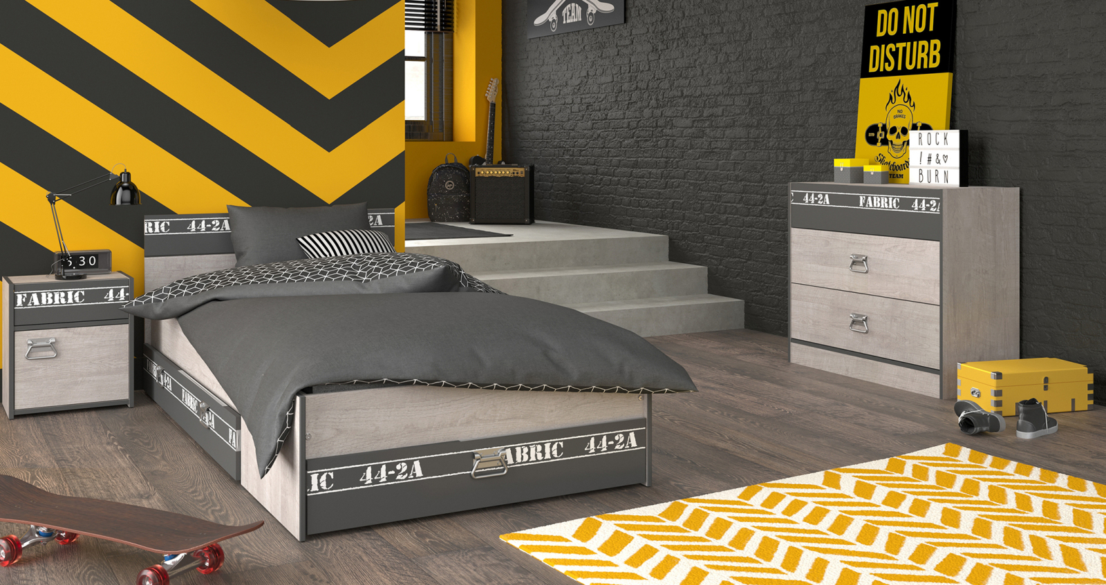 4-teiliges Jugendzimmer-Set FABRIC 14 - Esche - grau