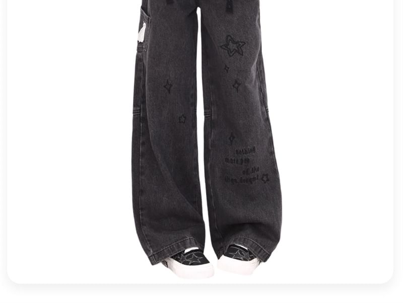 AXEN - Mid Rise Lettering Star Geborduurde Washed Wide Leg Jeans