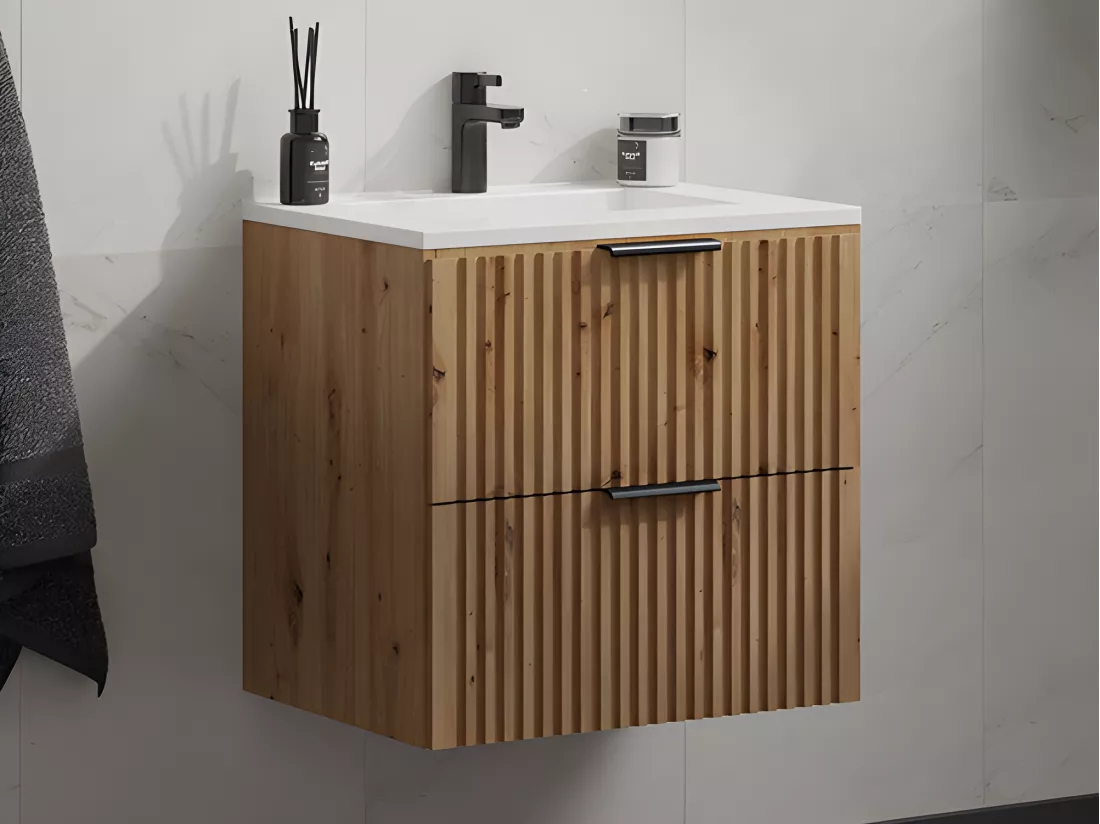 Meuble de salle de bain suspendu strié avec vasque à encastrer - Naturel clair - 60 cm - ZEVARA