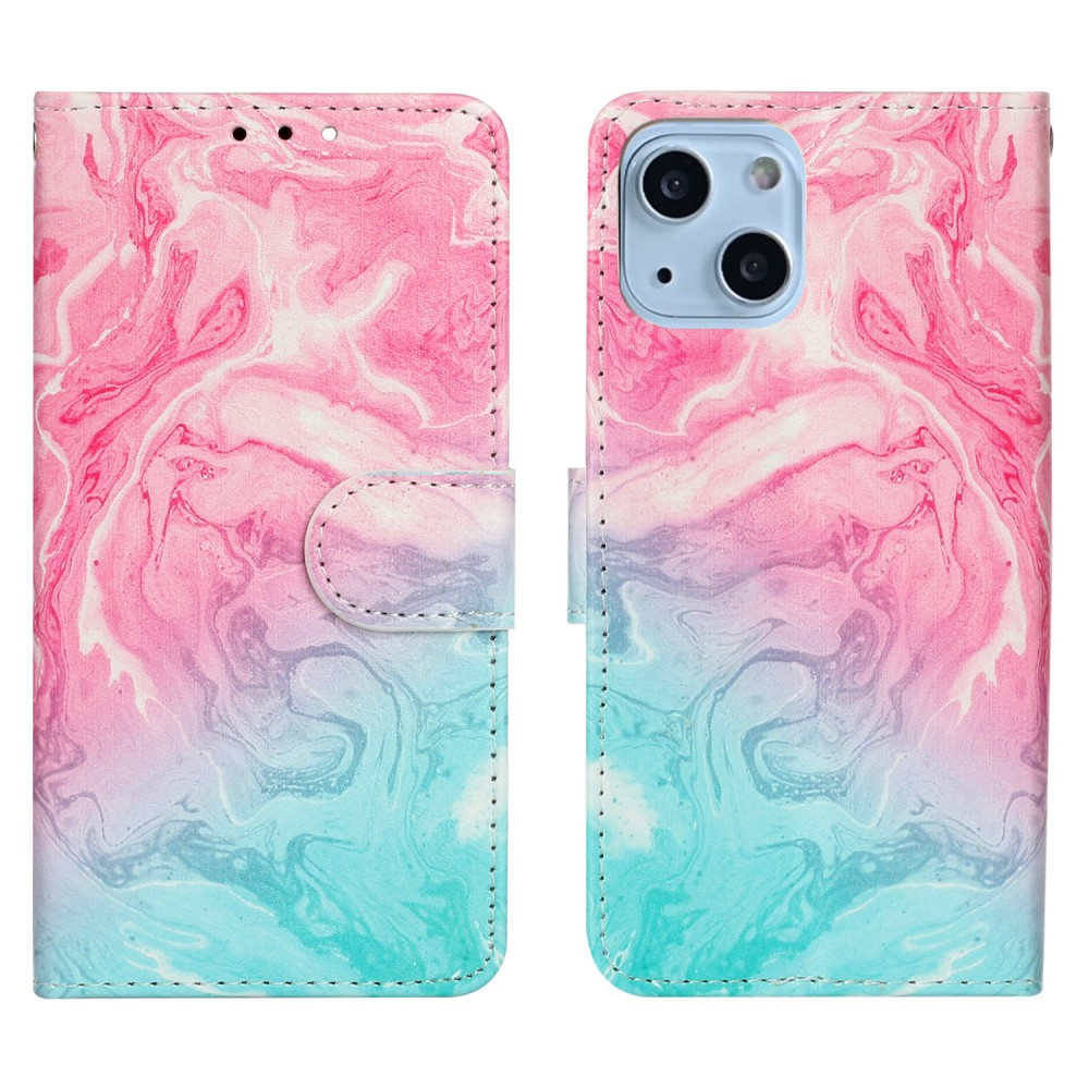 iPhone 13 Leder Tasche Flip Cover Marmor Marble - Rosa / Türkis