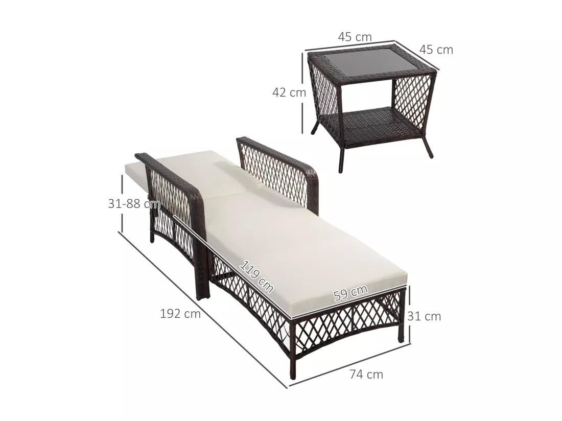 Bain de soleil transat design colonial avec table basse et matelas - dossier inclinable - résine tressée, polyester - marron crème
