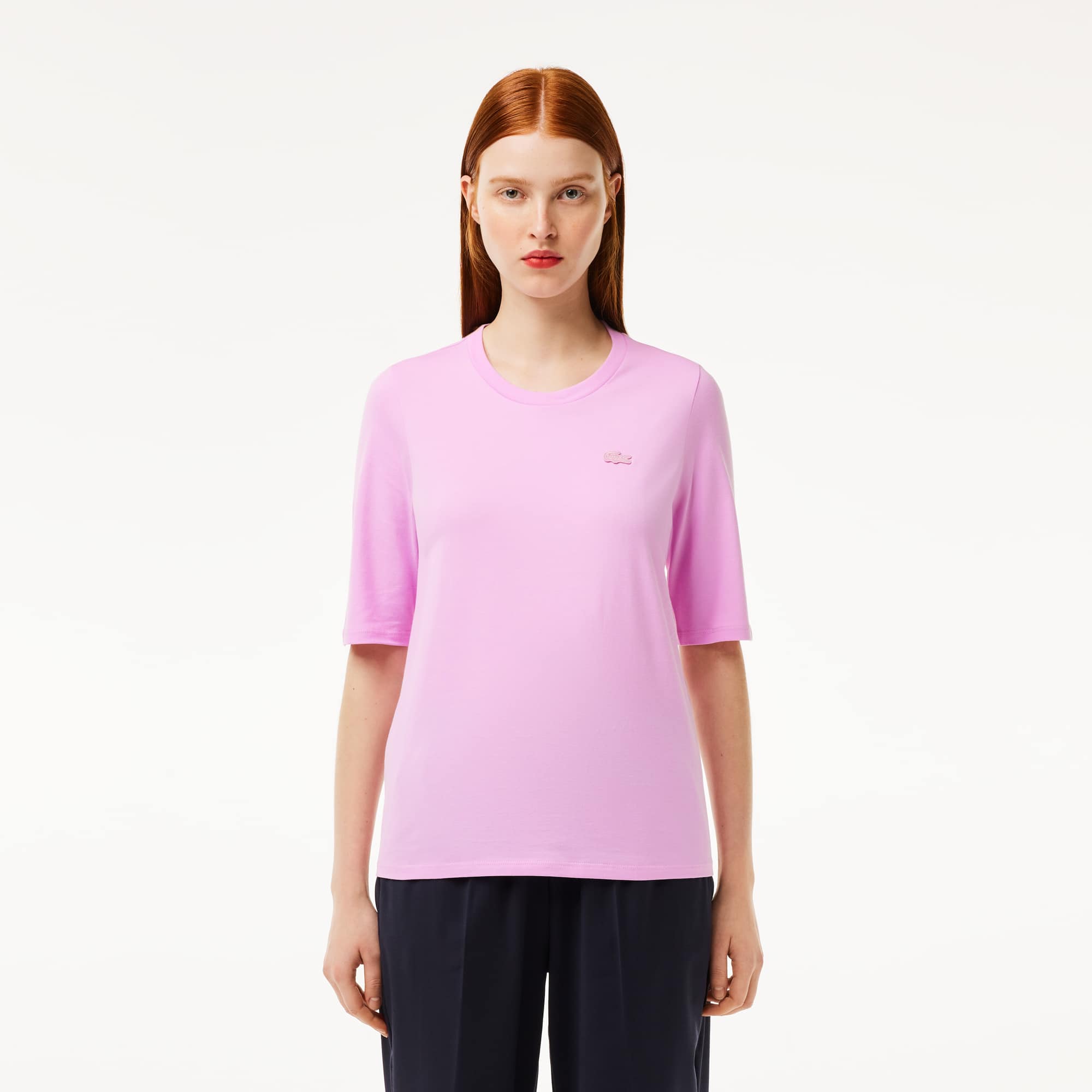 T-shirt à col rond et manches trois-quarts en coton uni T-Shirts - Rose - Lacoste - Femme