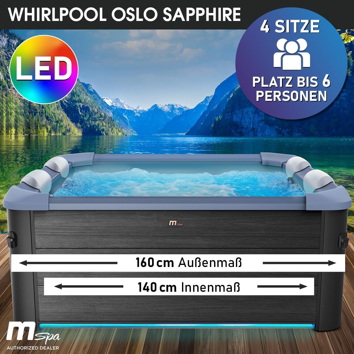 BRAST Whirlpool MSpa Oslo Sapphire mit Fester Außenwand | LED-Beleuchtung in 20 Farben für 6 Personen | 160x160x65cm | 120 Massagedüsen | Ganzjähriger Einsatz Winterfest | In & Outdoor Pool