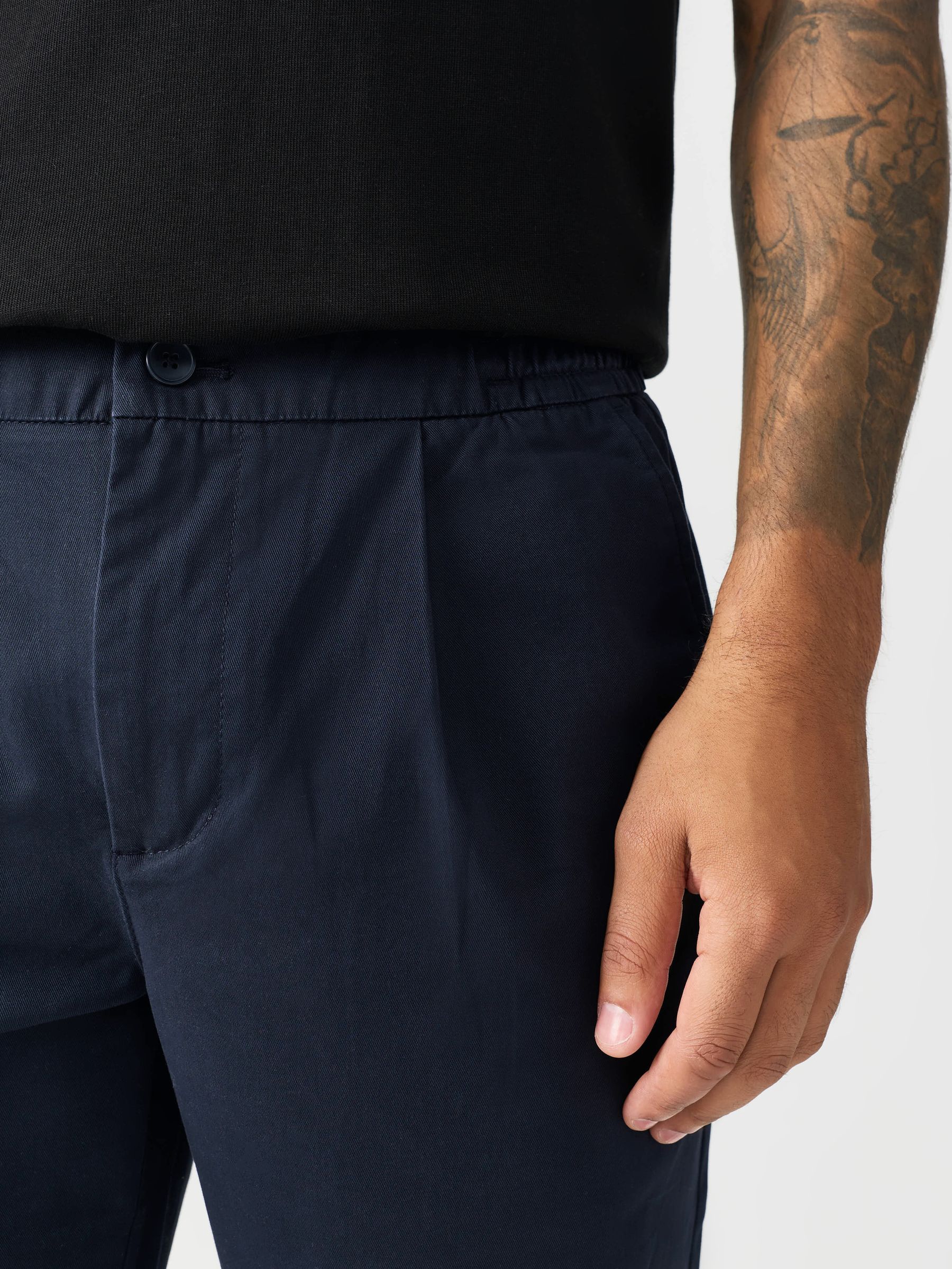 Marineblauw - Slim Fit - Pleated Stretch Chinos Trousers With Elasticated Waist