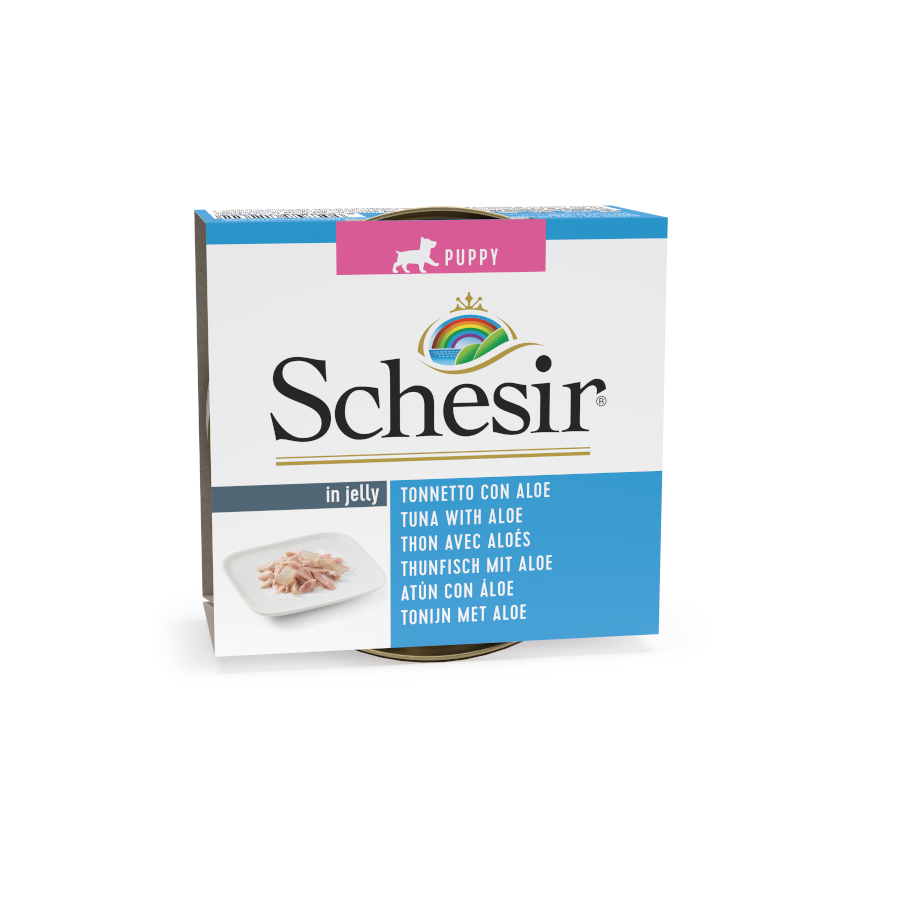 Atum Schesir Puppy com aloe vera em lata, 150 g, para cães.