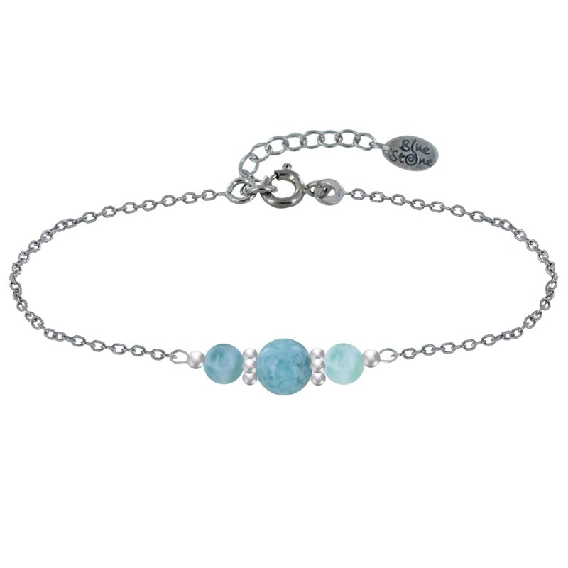 Bracelet Chaine Argent Trois Perles de Larimar Anneaux de Billes Argent