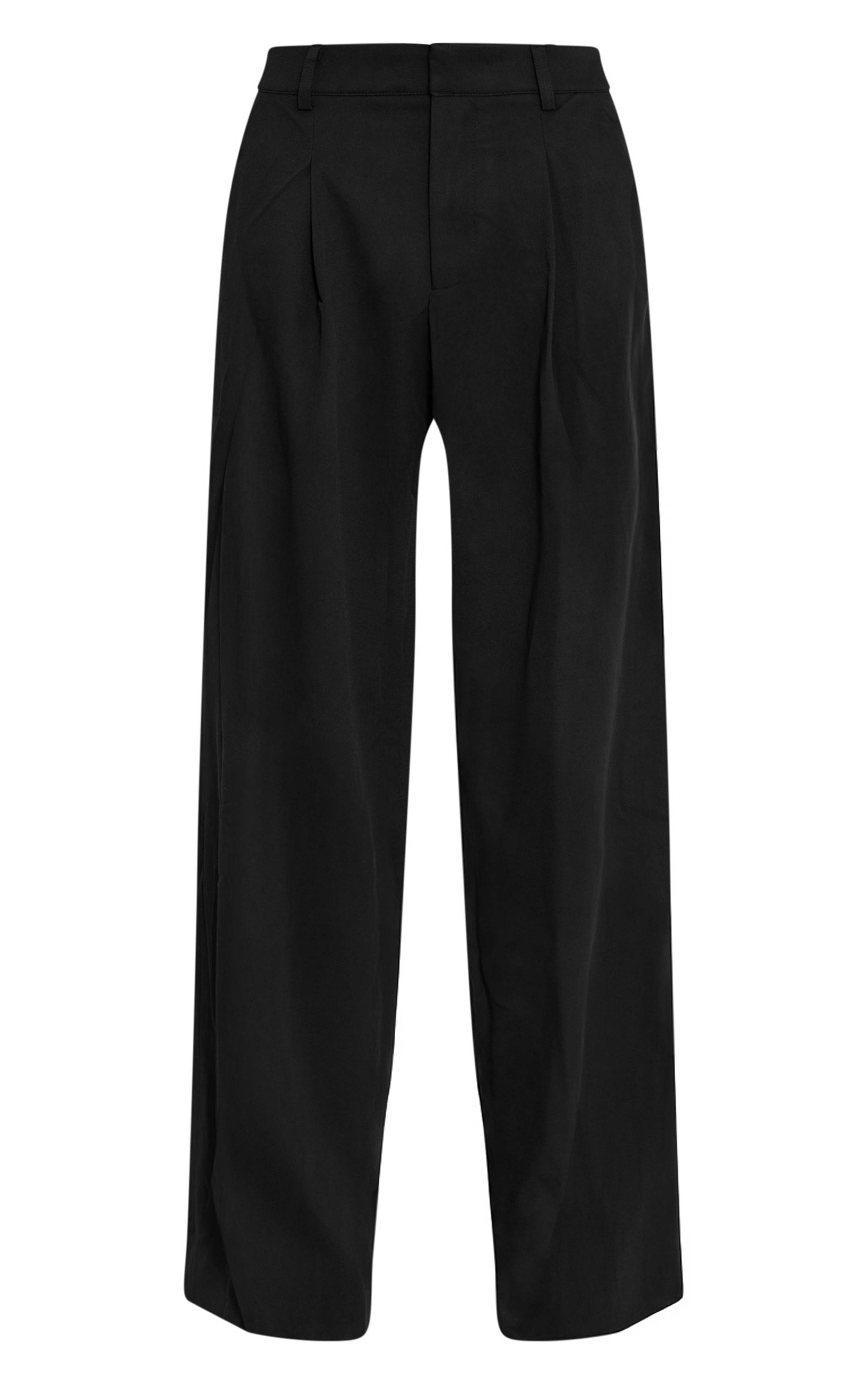 Noir Pantalon Large Plissé En Tissu Tissé Ajusté