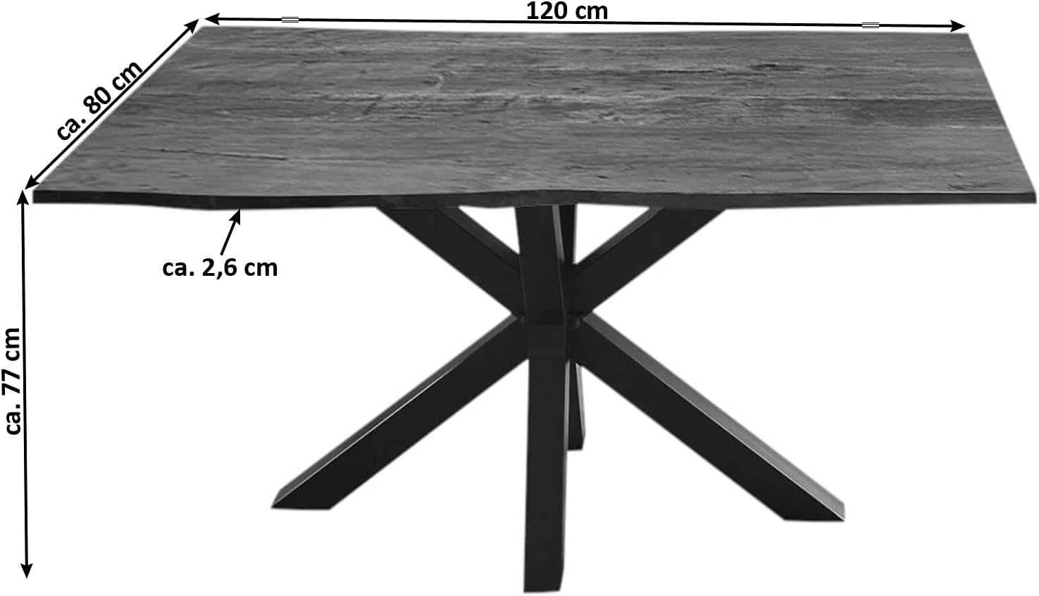SAM Esszimmertisch 120x80cm Quincy, echte Baumkante, Akazienholz nussbaumfarben, massiver Baumkantentisch mit Spider-Gestell Mattschwarz, Tischplatte 26 mm