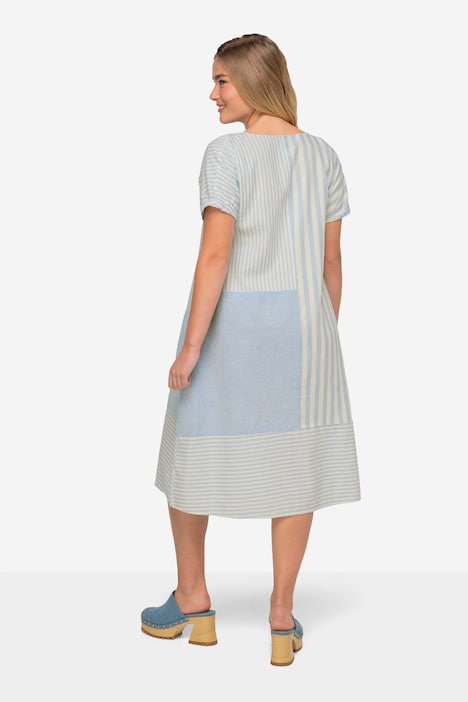 Leinenmix-Kleid, A-Line, Streifen-Mix, Rundhals, Halbarm