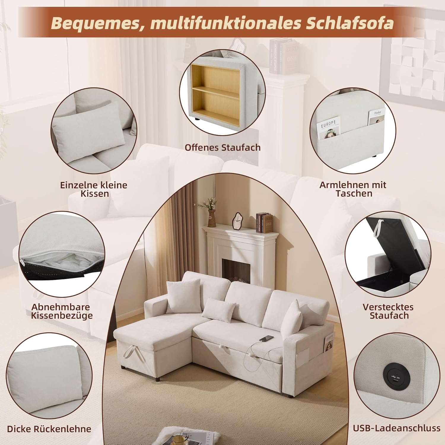 Ecksofa mit Schlaffunktion und USB, Schlafsofa mit Bettkasten und Stauraum, Schlafcouch Eckcouch mit Integriertem Regal und Seitentaschen, Couch L Form, Wohnzimmer Möbel, Beige, Samt
